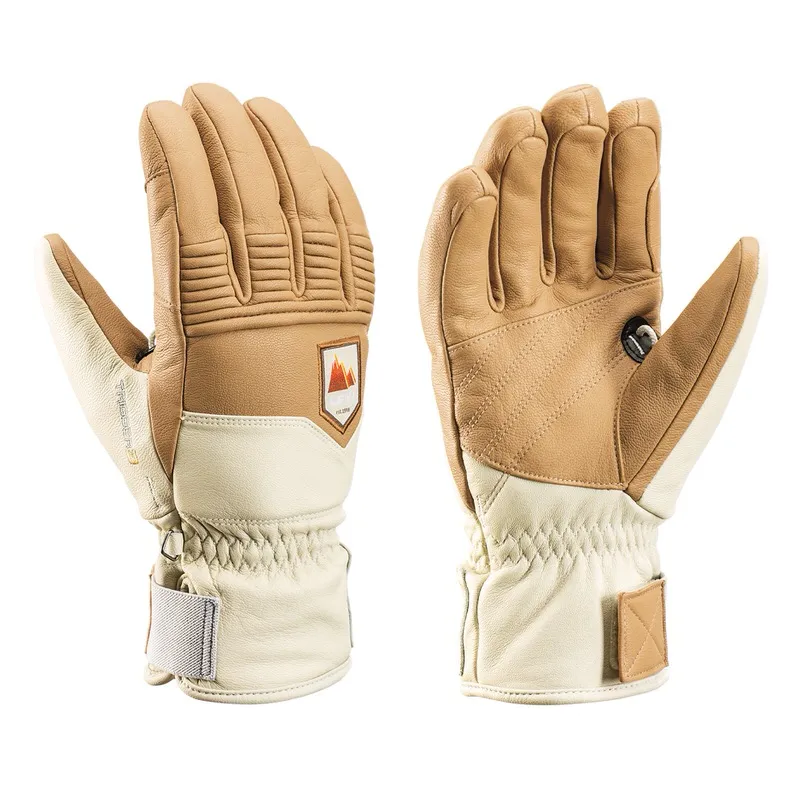 Due guanti Leki Rubic 3D Nature/White in pelle, isolati, nei colori naturale e bianco, con passante e logo.