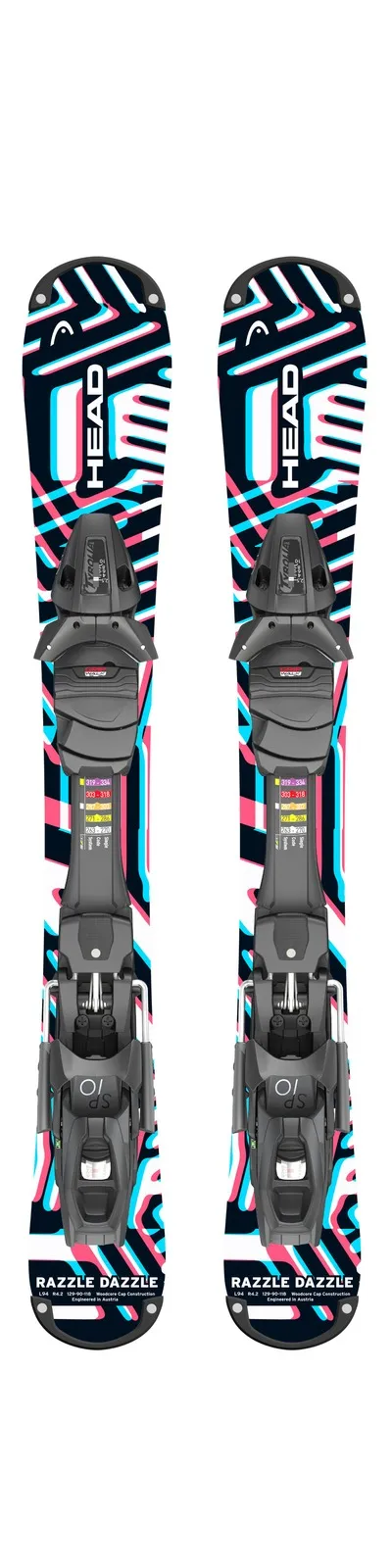 Head Ski RazzleDazzle 94cm con attacco Tyrolia, motivo colorato in nero, rosa e turchese.