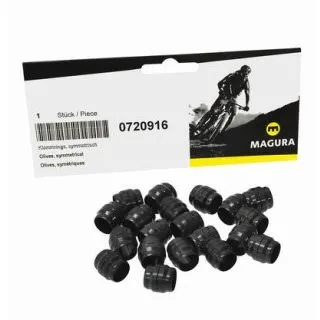 Twenty black, symmetrical Magura clamping rings in front of a product packaging.
