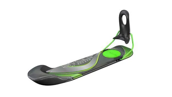 Bootski Carbon Green Edition avec fixation noire et accent vert sur fond blanc.