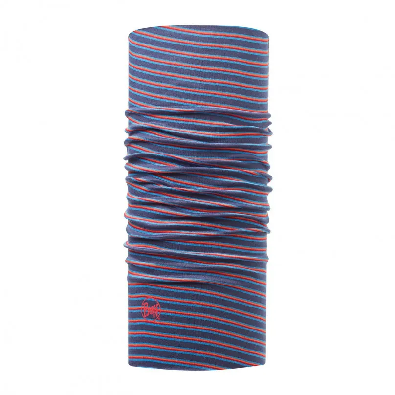 A COLLEGE Junior Buff with a blue and red striped pattern stands upright.
