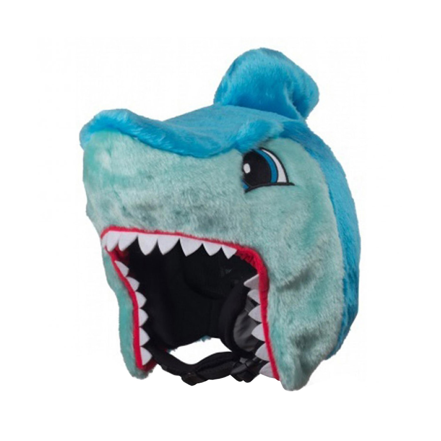 Couverture de casque de requin bleu-vert avec des dents blanches et une expression faciale adaptée aux enfants.