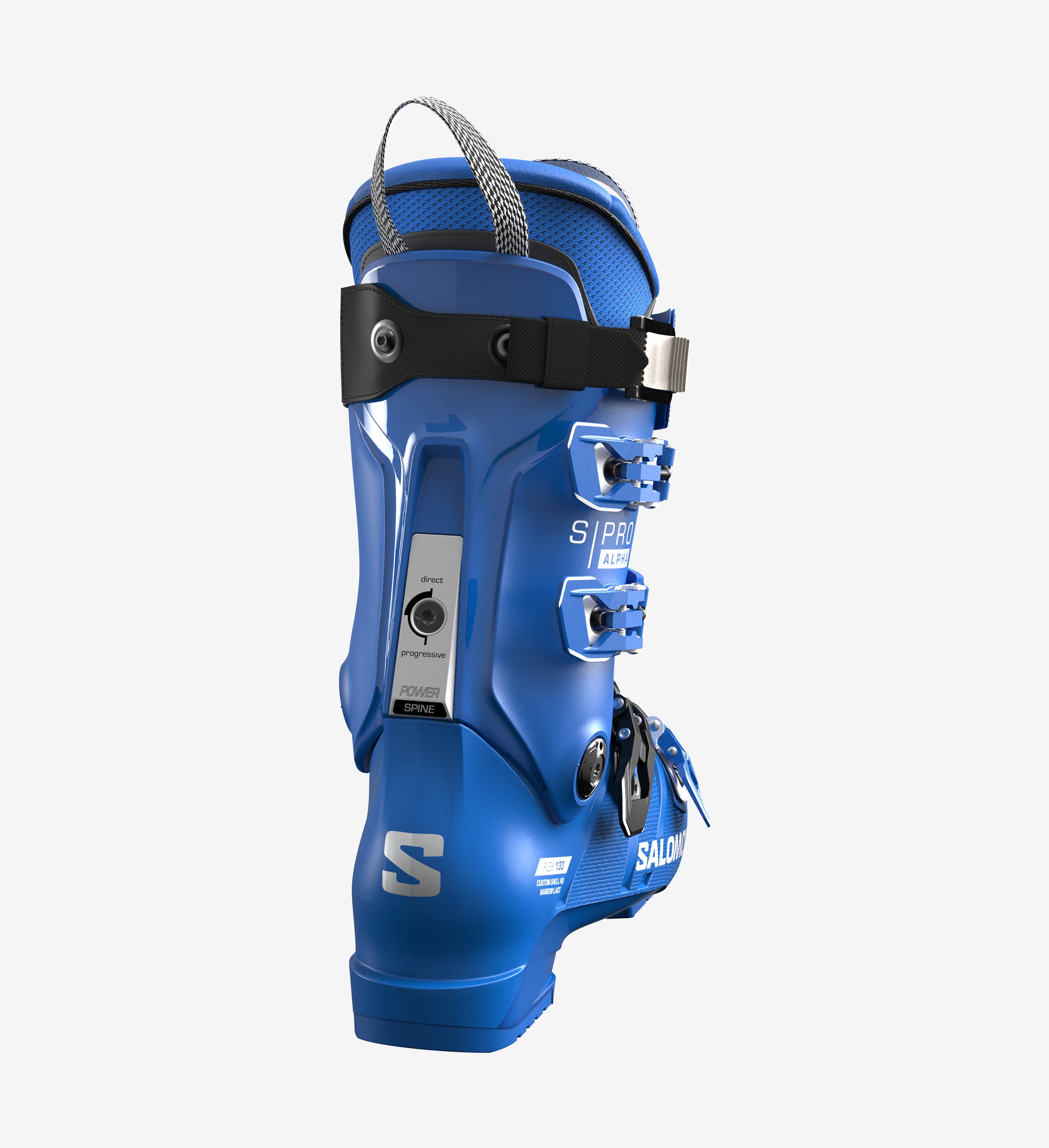 Blauer Salomon S/PRO ALPHA 130 Skischuh von der Seite, mit Schnallen und schwarzem Riemen.