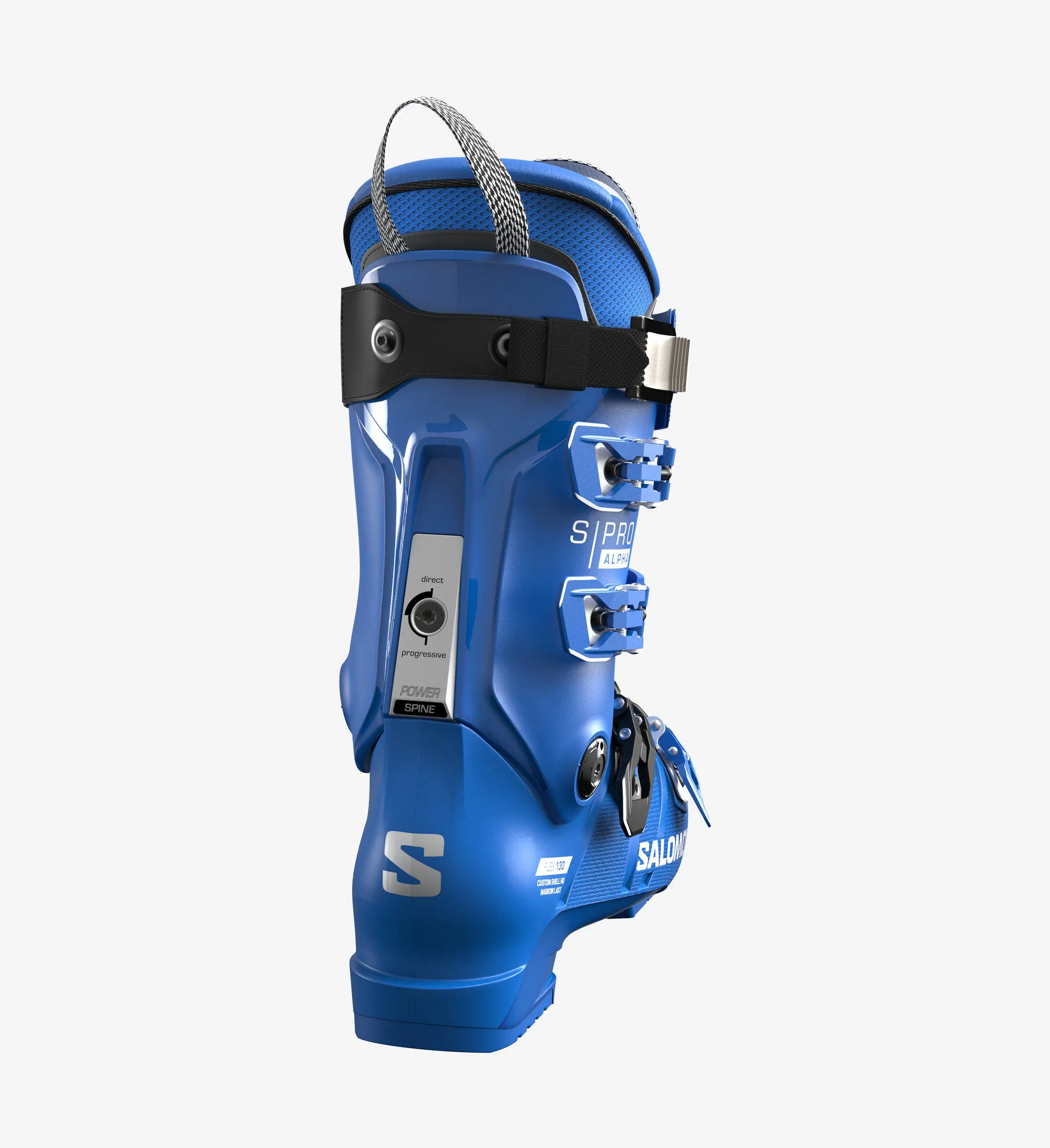 Chaussure de ski bleue Salomon S/PRO ALPHA 130 vue de côté, avec boucles et lanière noire.
