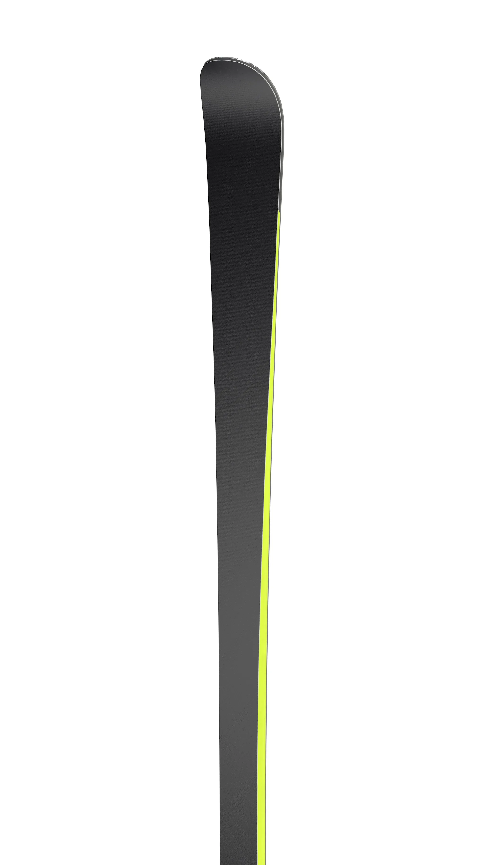 Detailansicht Ski Ramser Yellow GS, Skiende mit gelbem Seitenstreifen vor weißem Hintergrund.
