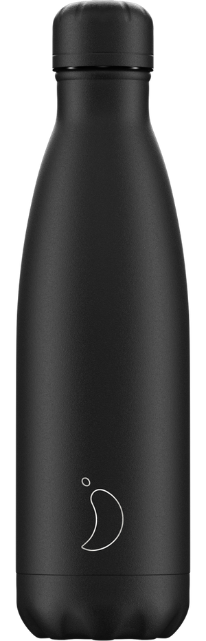 Schwarze, matte Chillys Trinkflasche 500ml mit silbernem Logo.