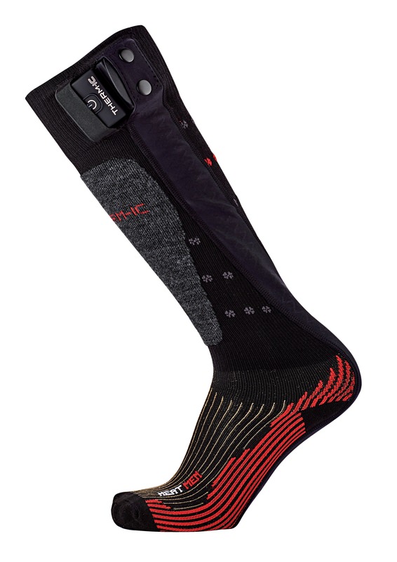 Thermo Socken Schwarz/Rot Detailansicht einer Therm-ic Powersock Heat Men V2 Heizsocke in Schwarz/Rot mit sichtbarem Batteriepack.