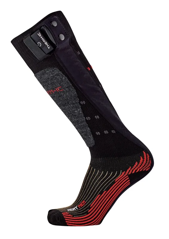 Detailansicht einer Therm-ic Powersock Heat Men V2 Heizsocke in Schwarz/Rot mit sichtbarem Batteriepack.