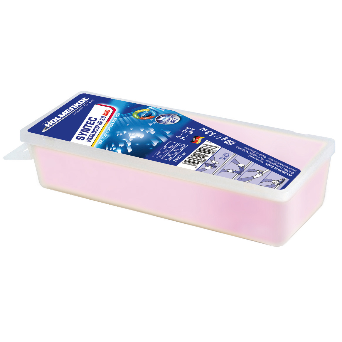 Rosa Skiwachs Syntec Worldcup HF 2.0 MID in durchsichtiger Plastikdose mit blau-weisser Banderole.