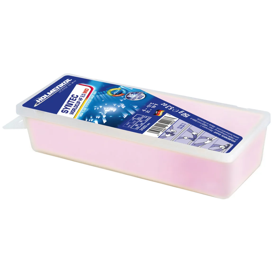 Rosa Skiwachs Syntec Worldcup HF 2.0 MID in durchsichtiger Plastikdose mit blau-weisser Banderole.