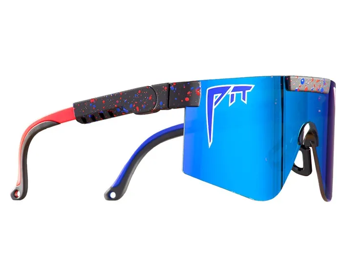 Occhiali da sole Peacekeeper 2000 blu, polarizzati, con motivo rosso e blu sulle aste.