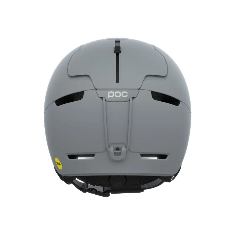 Rückansicht des grauen POC Obex MIPS Skihelms mit MIPS-Aufkleber und Belüftung.