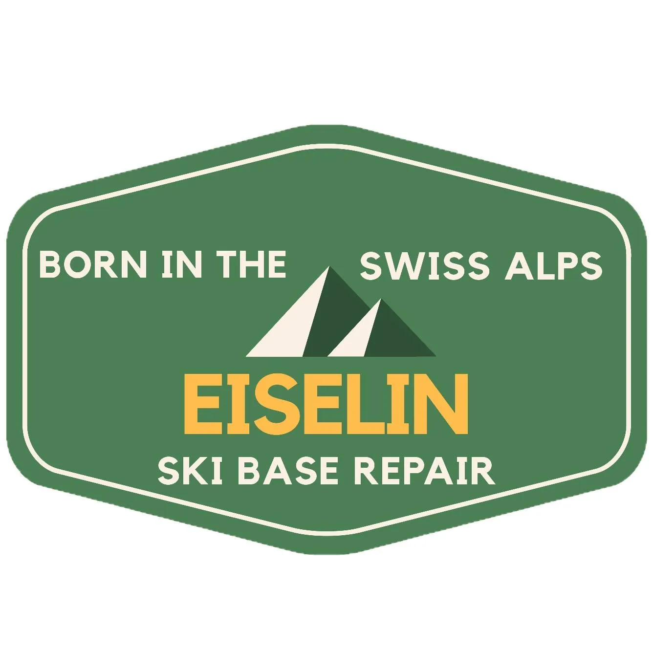 Hexagonal logo on a green background with a thin white border. At the top in white: "BORN IN THE" on the left, "SWISS ALPS" on the right, with three stylized mountain peaks. In the center, "Eiselin" in gold, with "SKI BASE REPAIR" in white below.