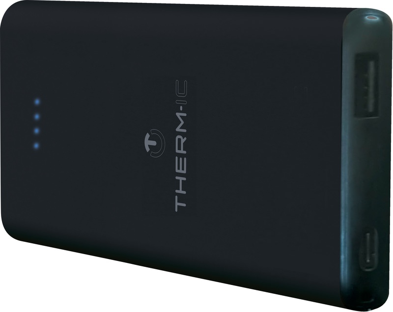 Powerbank bleu foncé Therm-ic avec quatre indicateurs LED bleus et des ports USB.