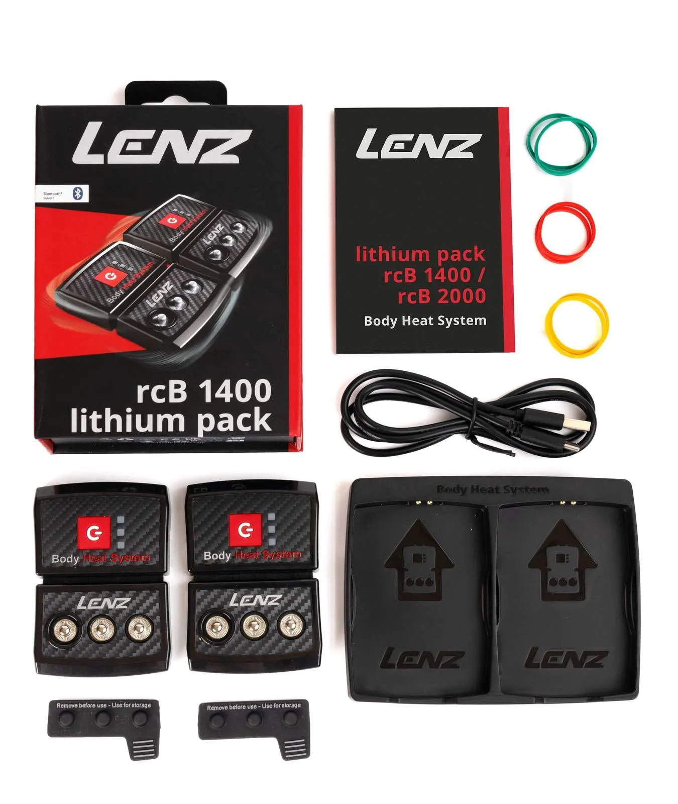 Produktset von Lenz Body Heat System, bestehend aus Akkus, Ladegerät, Kabel und Zubehör, angeordnet auf weißem Hintergrund.
