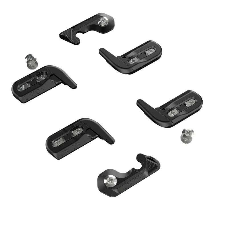 Black Union clips and hooks for integrated board inserts with screws on a white background.
