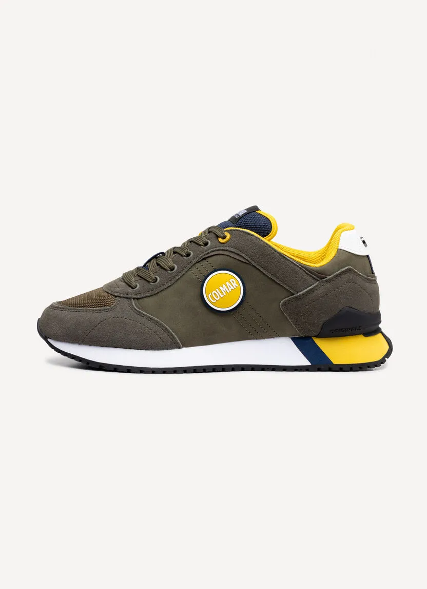 An olive green Colmar Travis Plus Colors men's sneaker with yellow accents, side view.
