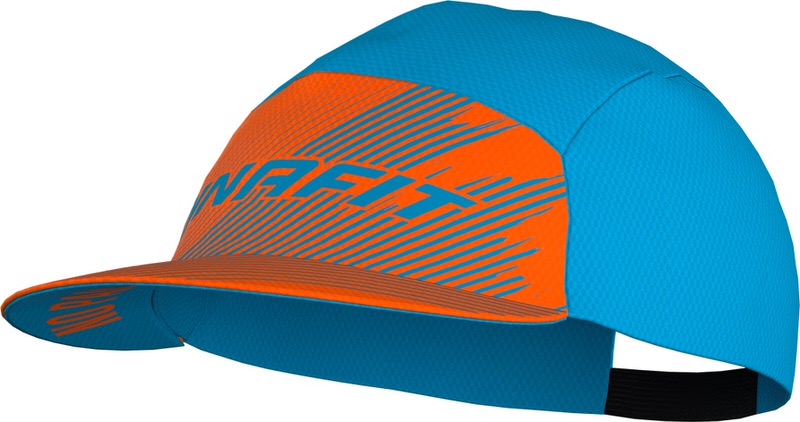 Türkis-orangefarbene Dynafit Alpine Graphic Visor Cap mit Streifenmuster und gebogenem Schirm.