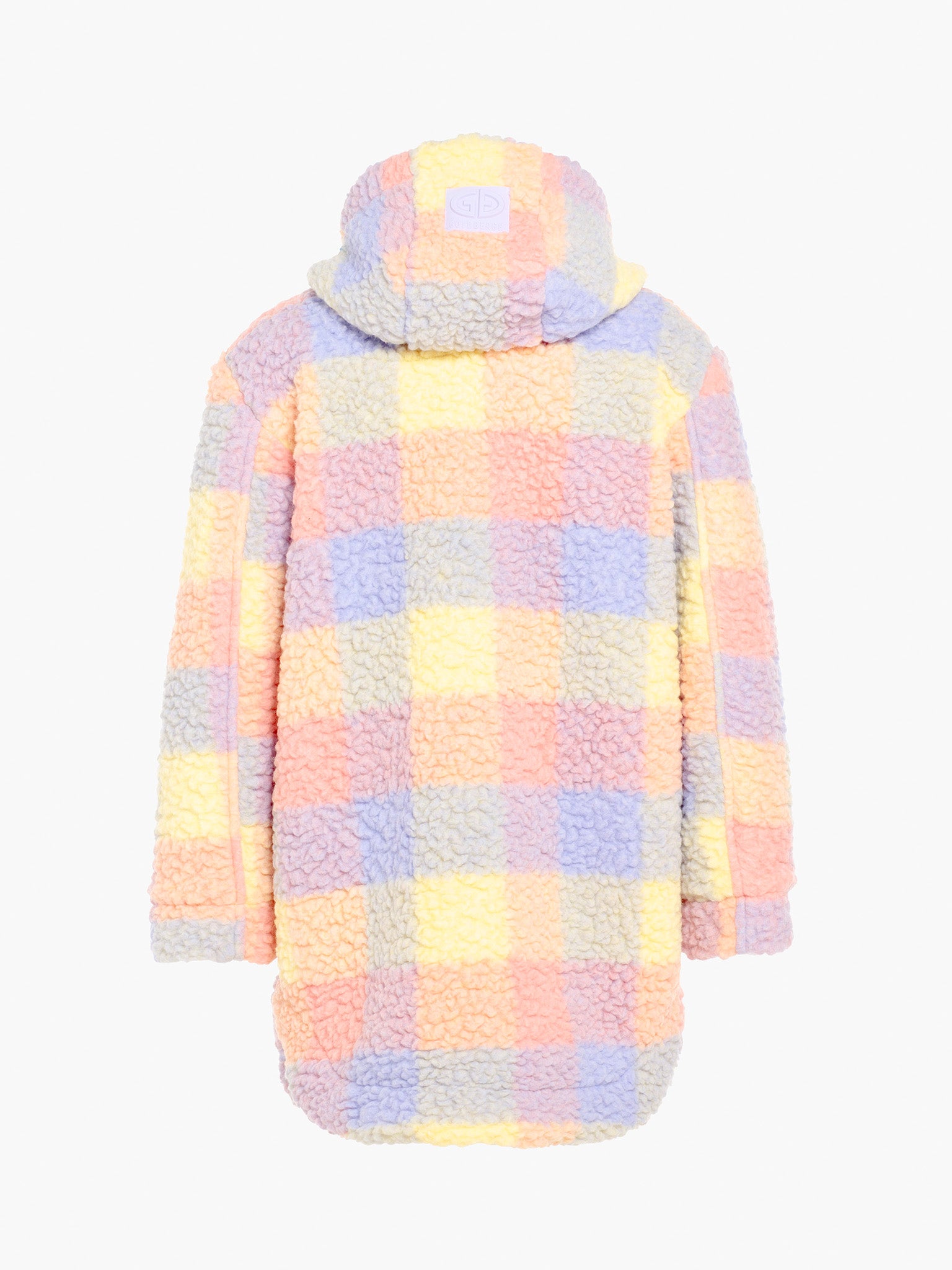 Rückansicht der CHAD JACKET: Flauschiges, kariertes Muster in Pastellfarben, Kapuze mit Logo.