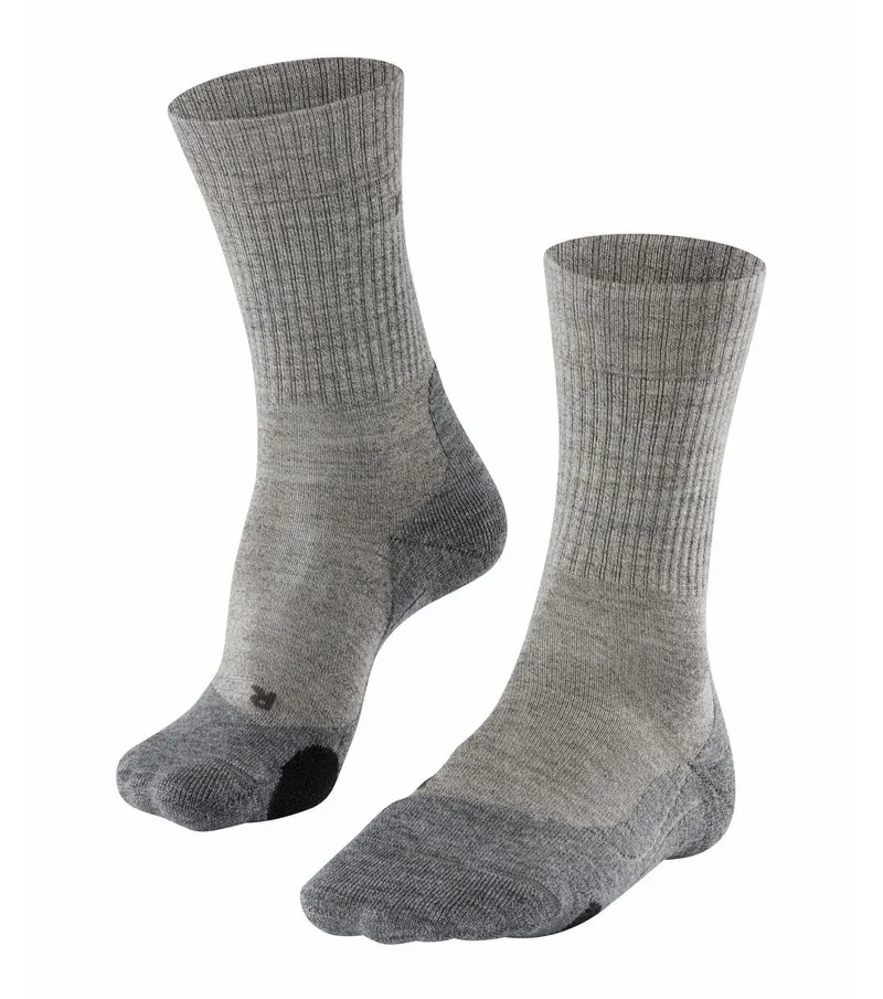 Two gray men's trekking socks with a high wool content.