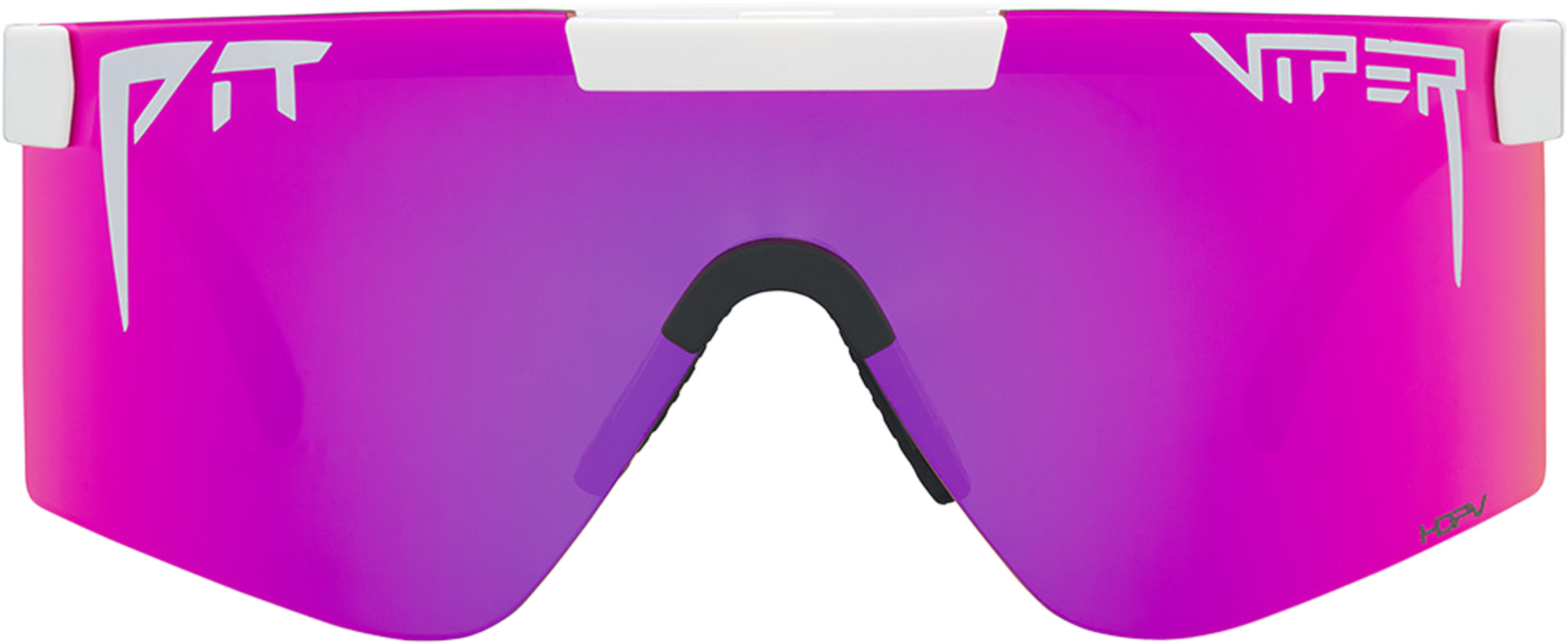 Pink Pit Viper Sonnenbrille Nahaufnahme: Pink polarisierte Pit Viper Sonnenbrille mit weißem Rahmen. Logos auf Gläsern.