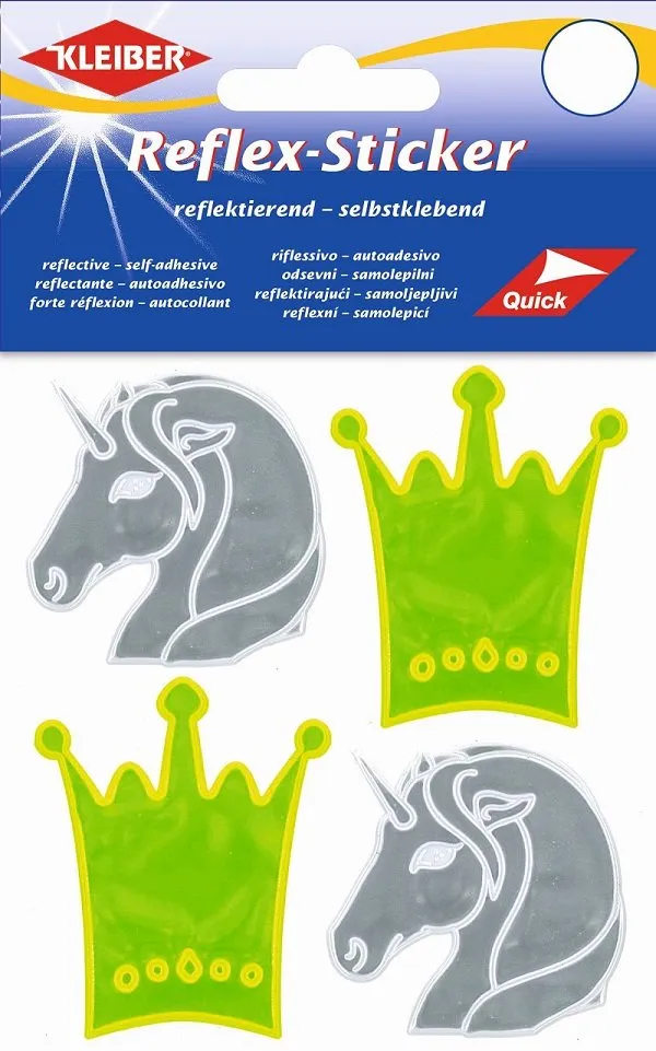 Kleiber Autocollants réfléchissants licorne et couronne, lot de 4, 4,5 x 5,5 cm, argent/jaune