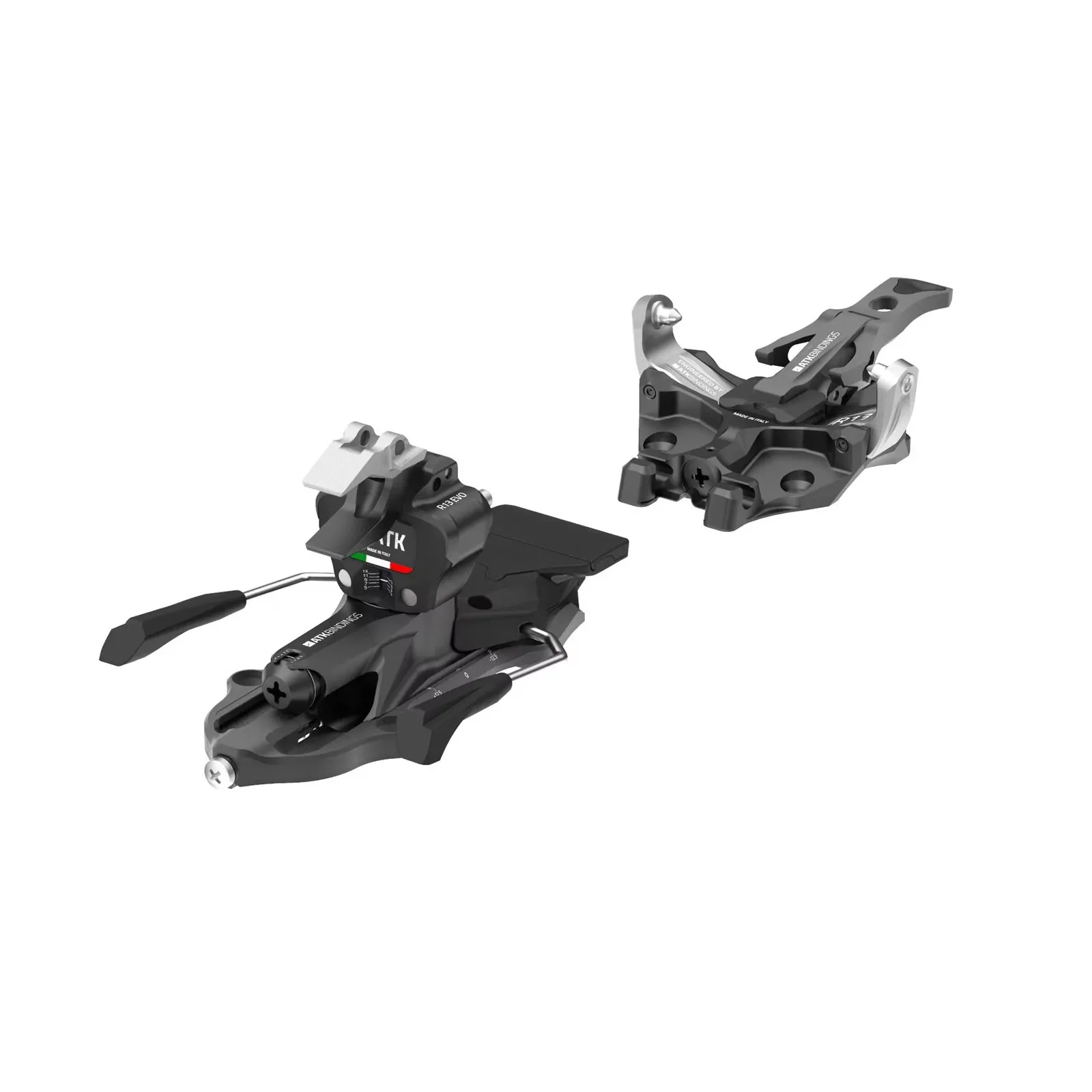 Draufsicht von ATK Raider 13 EVO Tourenbindungen, schwarz mit silbernen Akzenten, für Skitourengeher.