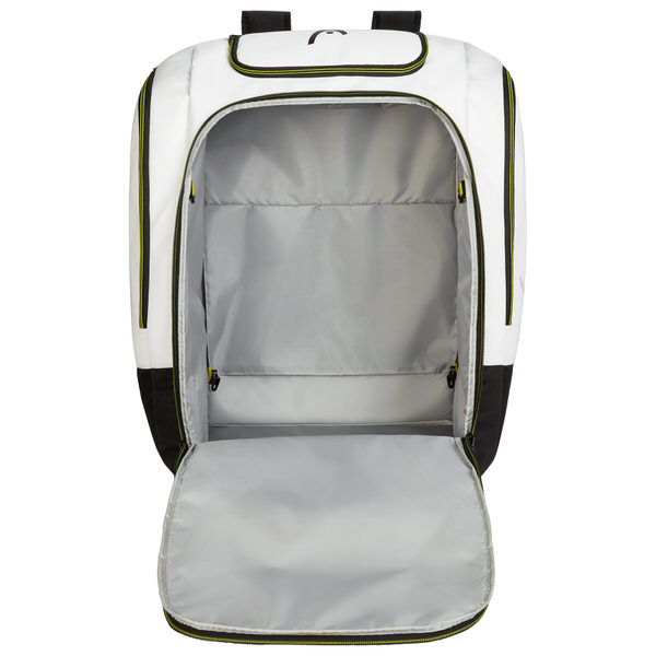 Geöffneter, weißer Head Rebels Racing Backpack 90L mit schwarzem Boden. Innen grau mit gelben Reißverschlüssen.