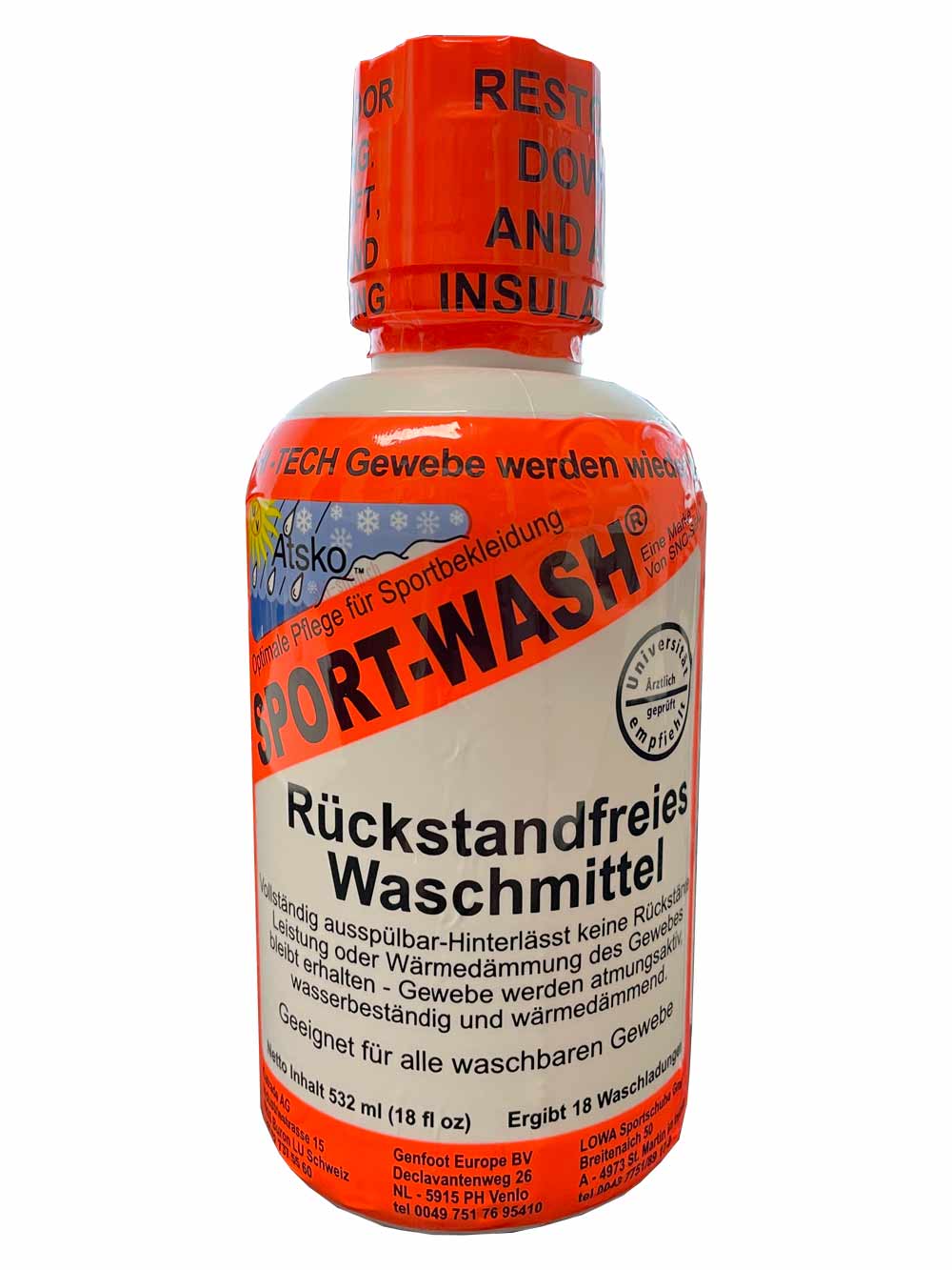 Weiße Flasche Sport-Wash, orangefarbener Deckel. Text: Rückstandfreies Waschmittel, geeignet für waschbare Gewebe.