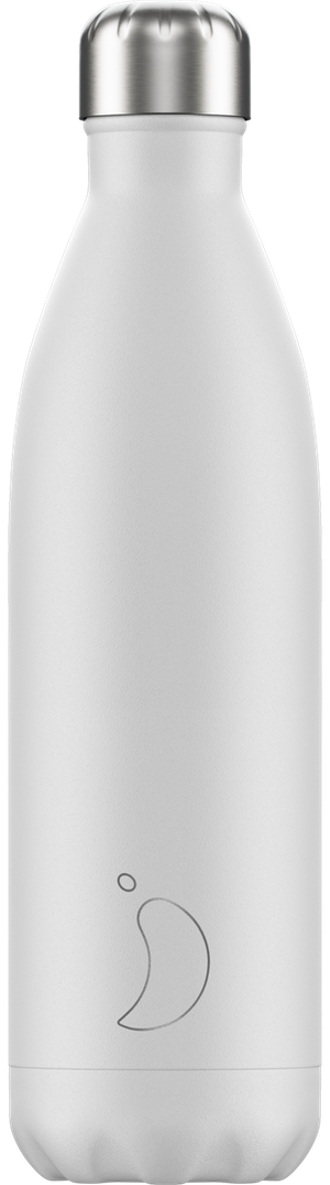 Schlichte, weiße Chillys Trinkflasche mit silberfarbenem Deckel und filigranem Logo.