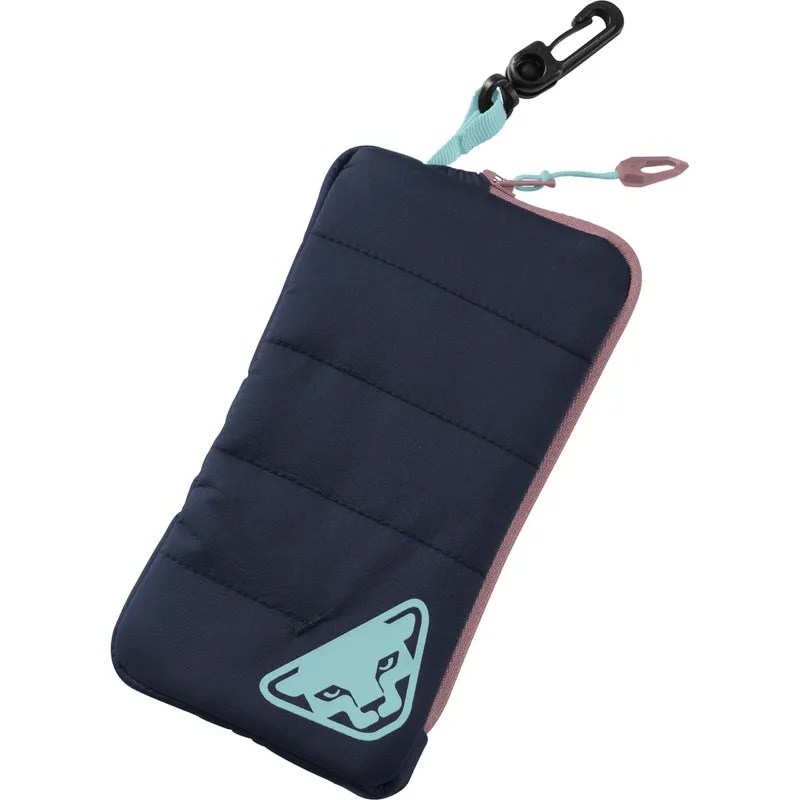 Borsa portacellulare PrimaLoft blu navy con cerniera e moschettone, trapuntata e con logo Dynafit.