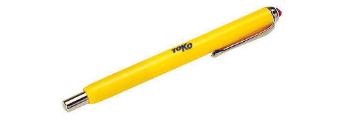 Gelbes Toko Schneethermometer in Stiftform mit Clip und rotem Knopf.