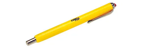 Yellow Toko snow thermometer in pencil shape with clip and red button.