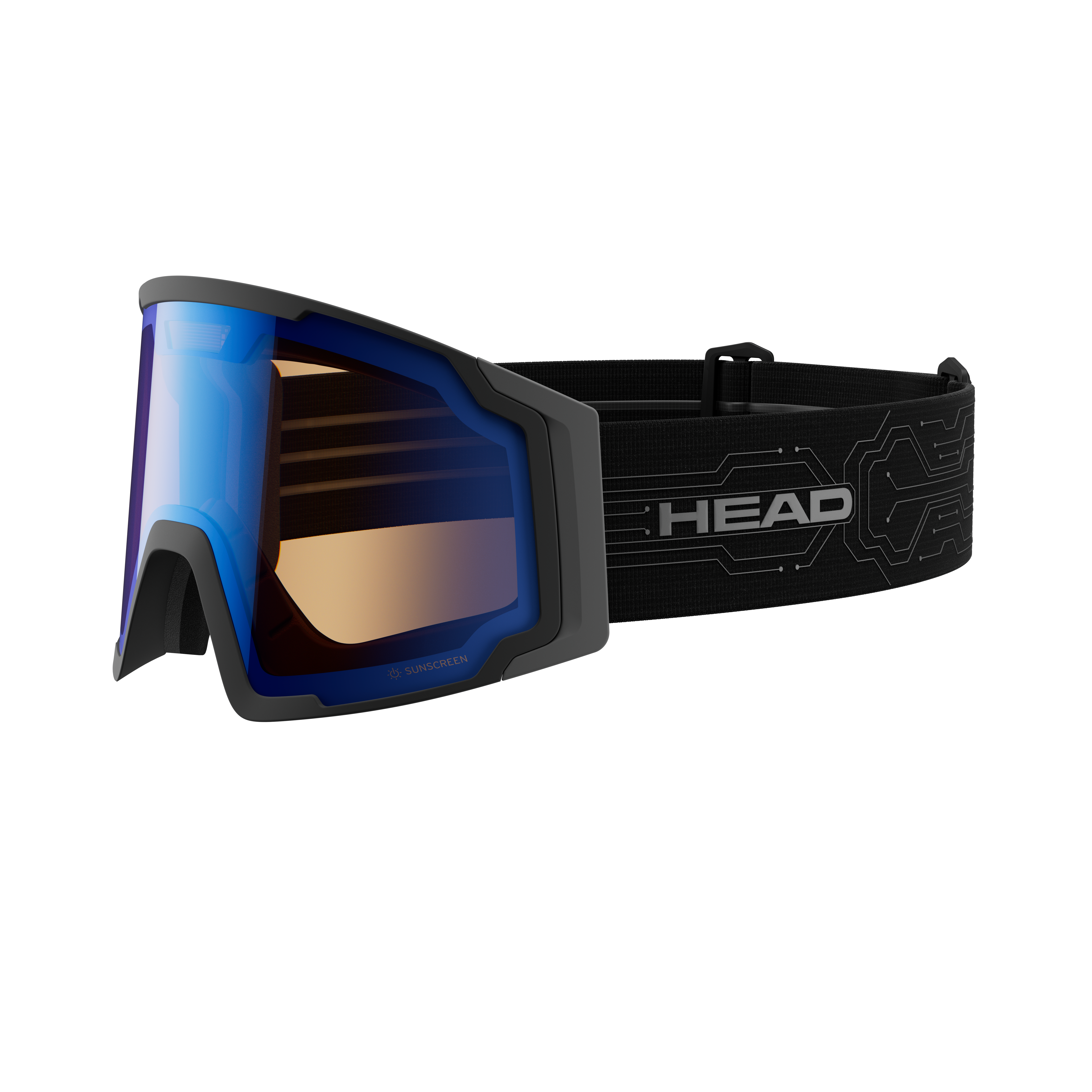 Skibrille Head NEVES Skibrille Head NEVES SUNSCREEN mit blau-orangefarbener, zylindrischer Doppelscheibe und breitem, schwarzen Brillenband.