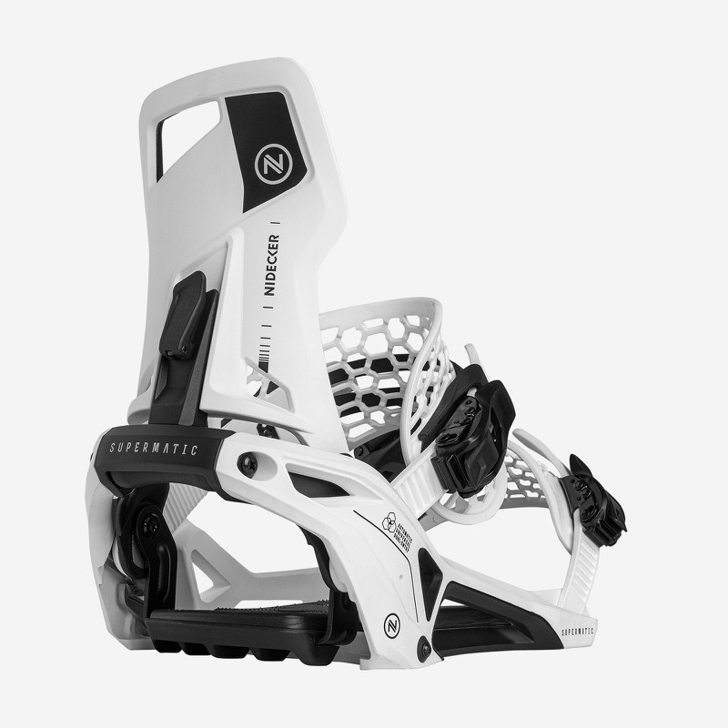 Supermatic white snowboard binding White Supermatic snowboard binding from Nidecker with black detail.