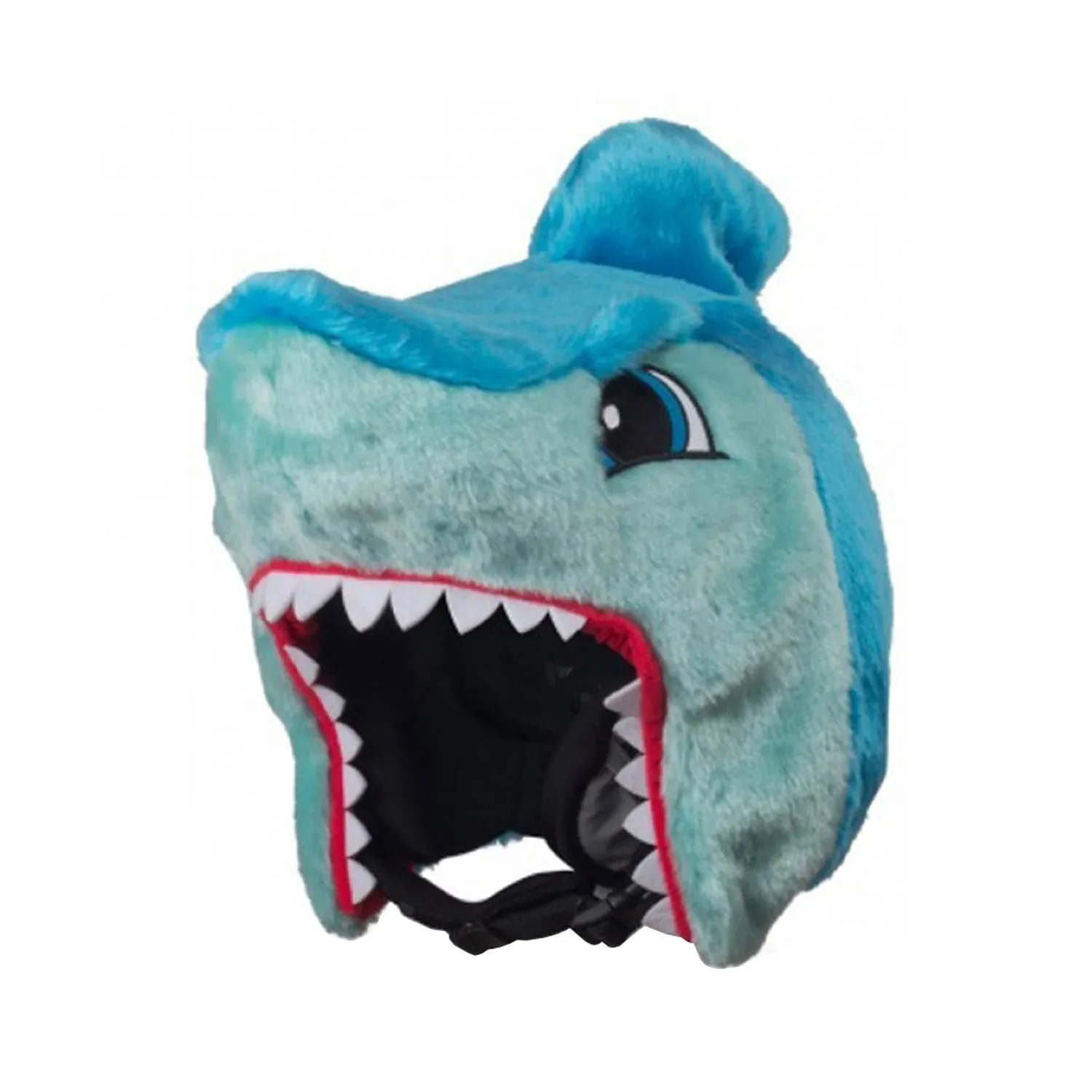 Blue-green shark helmet cover with white teeth and a child-friendly facial expression.