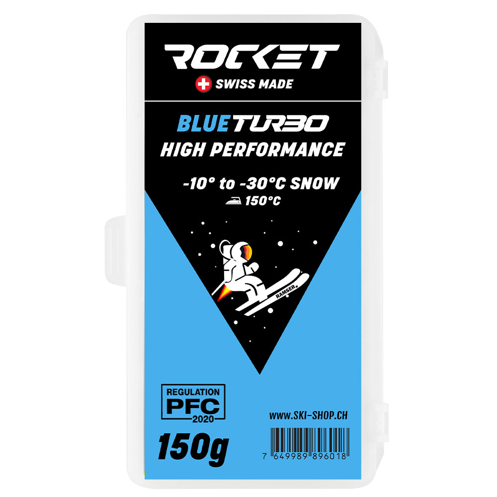 Verpackung Rocket HF Blue Wax: Weißer Behälter mit blauem und schwarzem Design, zeigt einen Skifahrer im Astronautenanzug.