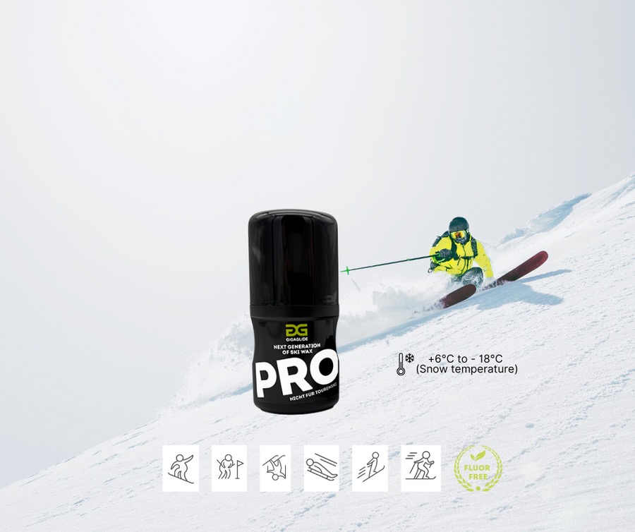 Skiers on a snow-covered slope, skier icons and black guardroom with the inscription "PRO" in the foreground.