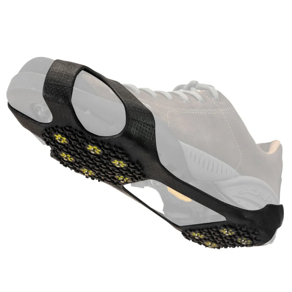 Close-up of a Nortec Street shoe claw attached to a shoe. The steel spikes are clearly visible.