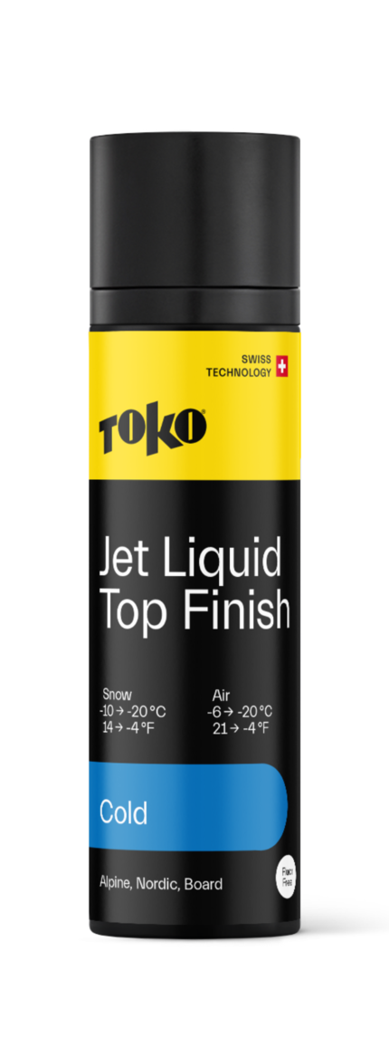 Toko Jet Liquid Top Finish Cold Spraydose, schwarz-gelb, mit Temperaturangaben für Schnee und Luft.