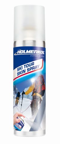 Spraydose Ski Tour Skin Spray mit Bergmotiv und Skitourengeher. Hand sprüht Spray auf Tourenski.