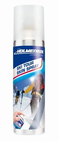 Spraydose Ski Tour Skin Spray mit Bergmotiv und Skitourengeher. Hand sprüht Spray auf Tourenski.
