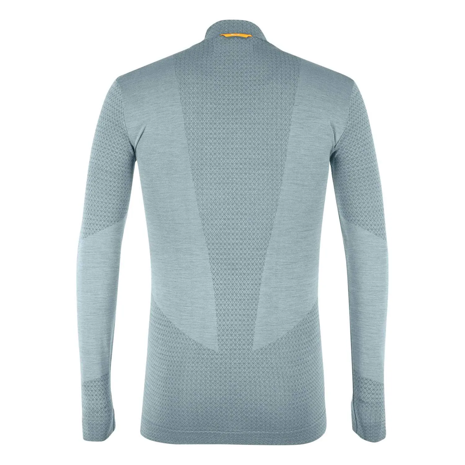 Hellblaues Salewa Zebru Med Warm AMR Men 1/2 Tee, von hinten gezeigt, mit langem Arm und Reissverschluss.