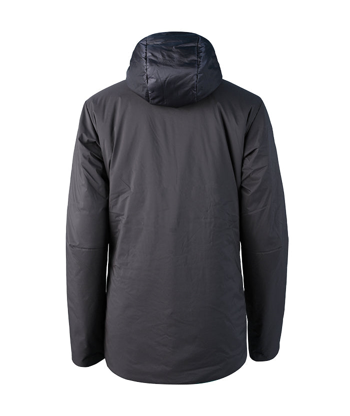 Rückenansicht der blauen Lenz Padded Jacket R2H 2.0 für Frauen mit Kapuze.