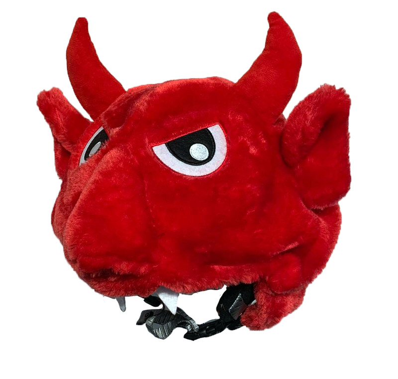 Red devil helmet cover with horns, evil eyes and indicated teeth.