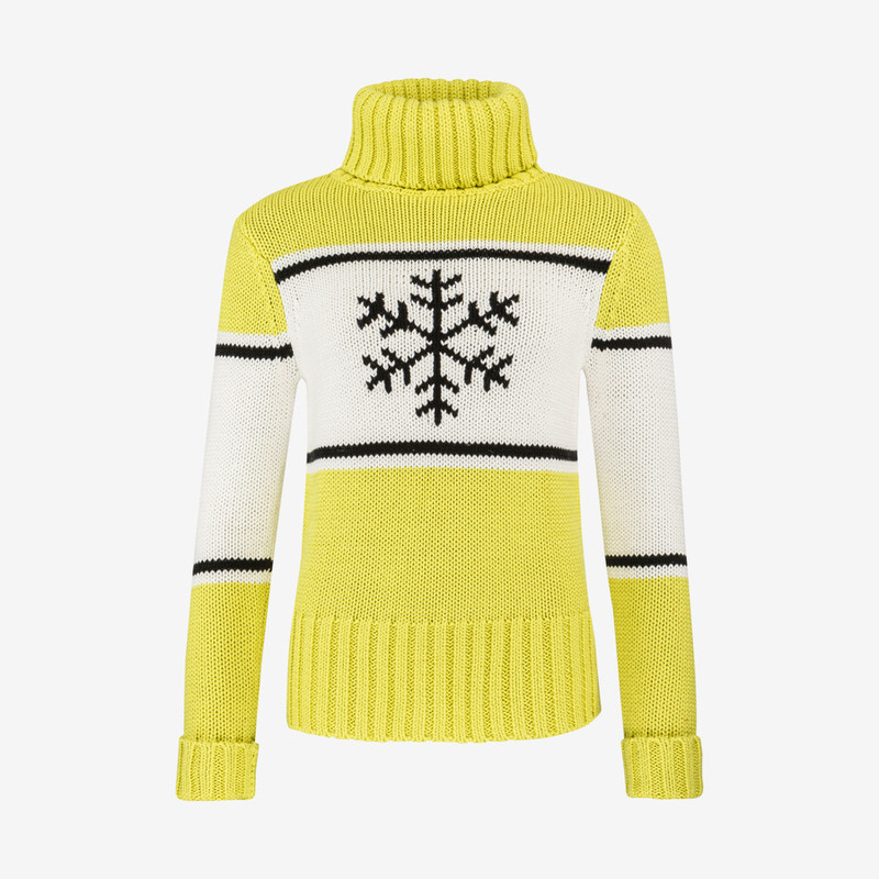 Lime/weißer Strickpullover mit Rollkragen und Schneeflocke auf weißem Feld. Schwarze Zierstreifen.
