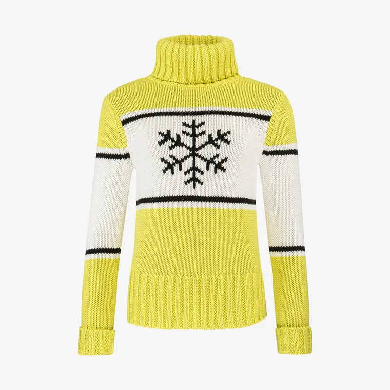 Lime/weißer Strickpullover mit Rollkragen und Schneeflocke auf weißem Feld. Schwarze Zierstreifen.