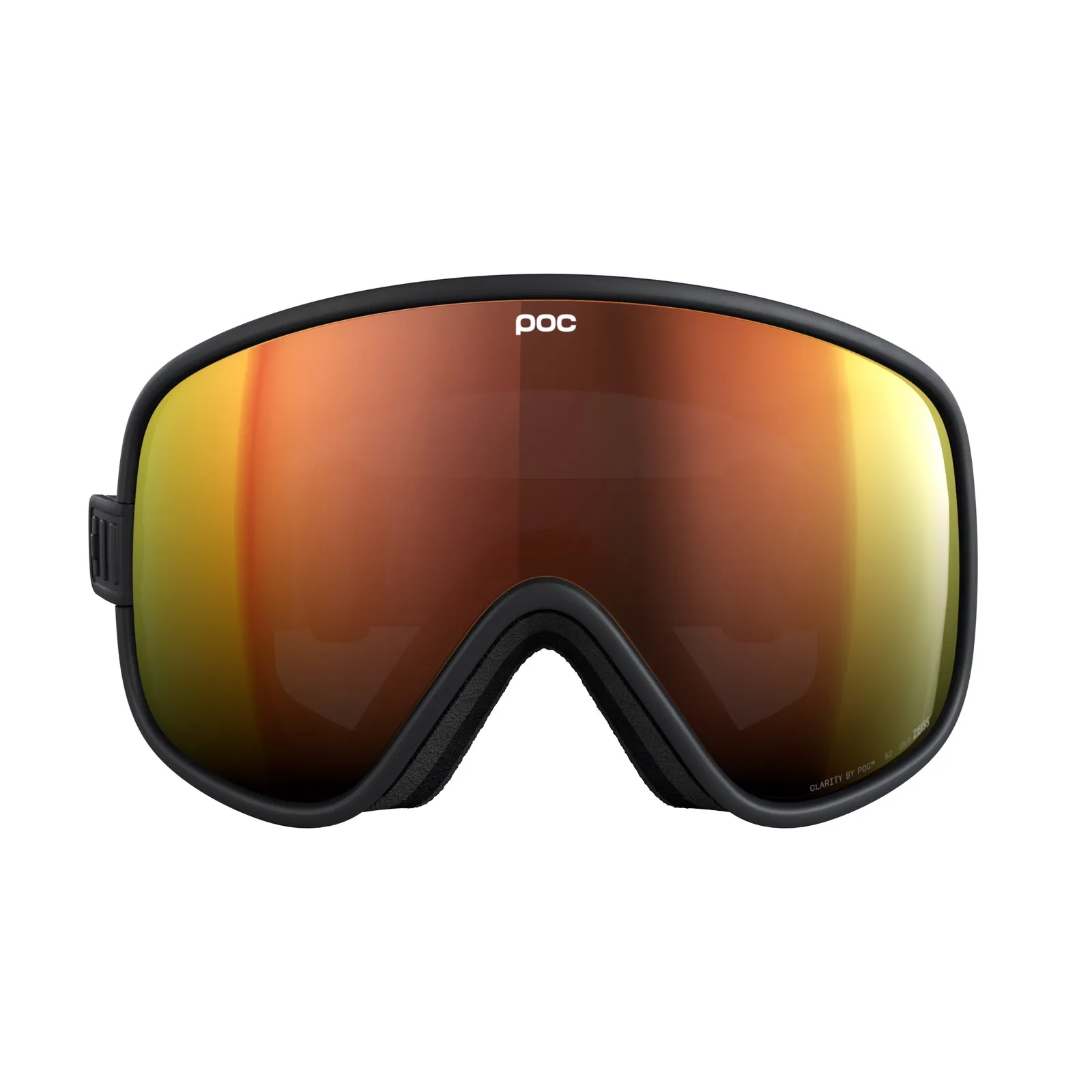 Vista frontale delle maschere da sci POC Vitrea in Uranium Black con lenti Partly Sunny Orange.