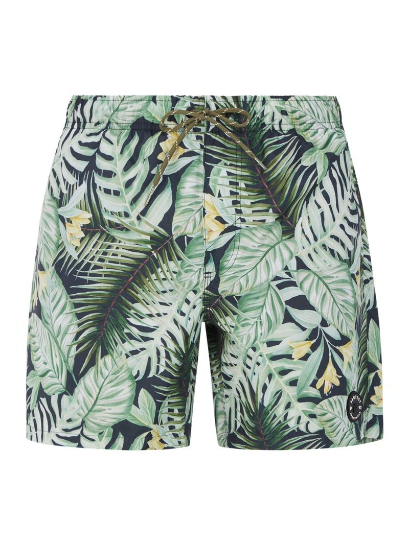 Badeshorts PRTGLORY in Grün mit tropischem Blättermuster, elastischem Bund und Kordelzug.