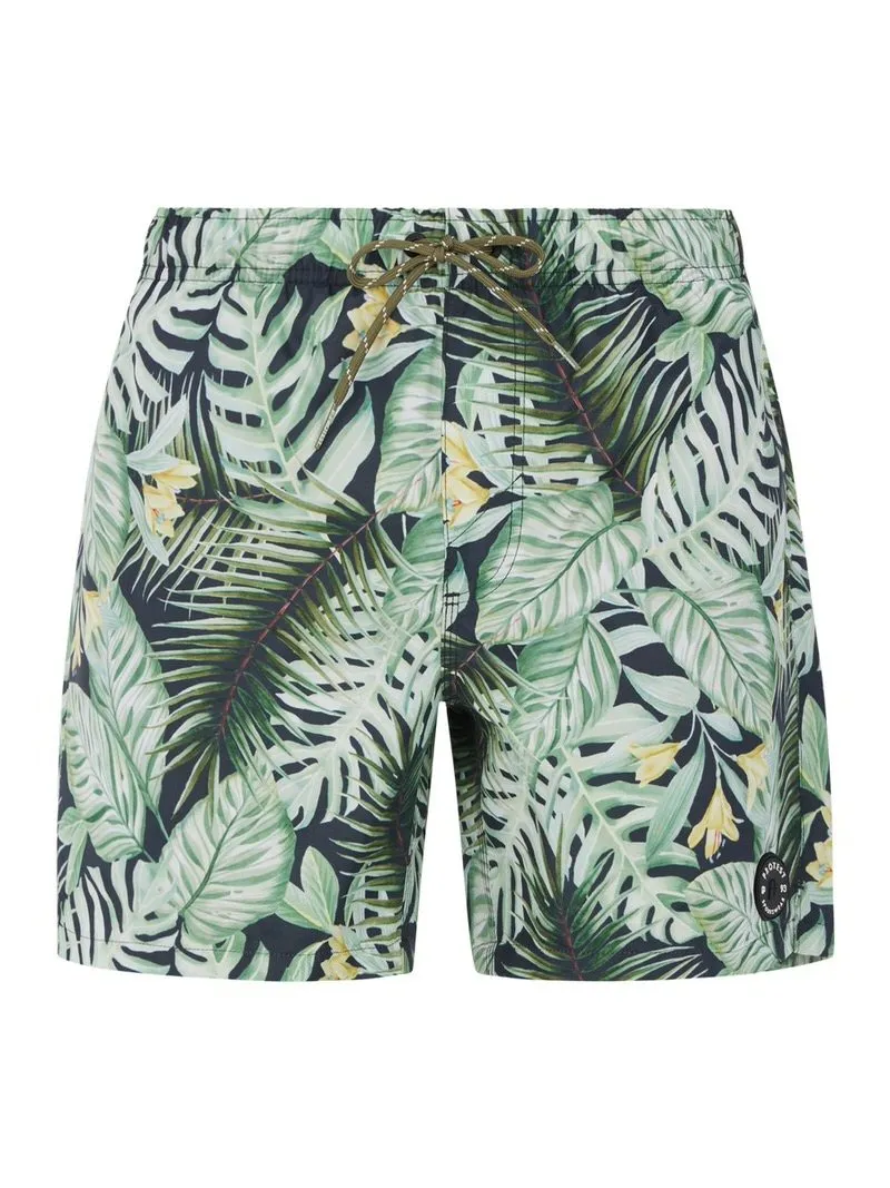 PRTGLORY swim shorts in green with a tropical leaf pattern, elasticated waistband and drawstring.